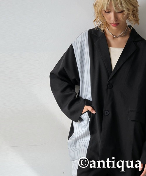 antiqua(アンティカ)の「切り替えストライプジャケット(テーラードジャケット・レディース・ブラック/グレー・ONESIZE)」の6枚目の写真
