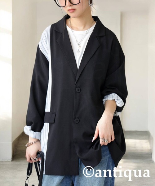 antiqua(アンティカ)の「切り替えストライプジャケット(テーラードジャケット・レディース・ブラック/グレー・ONESIZE)」の7枚目の写真