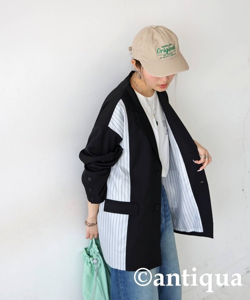 antiqua(アンティカ)の「切り替えストライプジャケット(テーラードジャケット・レディース・ブラック/グレー・ONESIZE)」の8枚目の写真