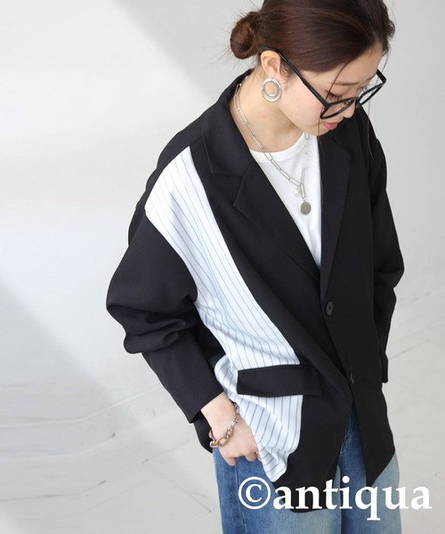 antiqua(アンティカ)の「切り替えストライプジャケット(テーラードジャケット・レディース・ブラック/グレー・ONESIZE)」の10枚目の写真