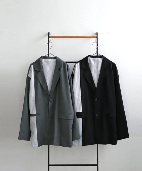 antiqua(アンティカ)の「切り替えストライプジャケット(テーラードジャケット・レディース・ブラック/グレー・ONESIZE)」の16枚目の写真