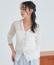 洗える ストレッチ | ラメ バイカラー シアー リブ カーデ | レディース きれいめ 長袖 オフィスカジュアル 通勤服 サマーニット ニットトップス リブニット カーディガン