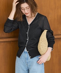 洗える ストレッチ ｜ ラメ バイカラー シアー リブ カーデ ｜ レディース きれいめ 長袖 オフィスカジュアル 通勤服 サマーニット ニットトップス リブニット カーディガン