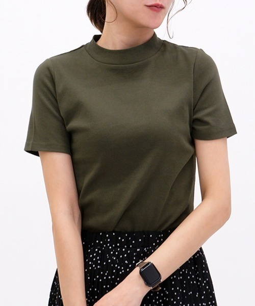 CLOTHY(クロシィ)の「【柔らかなコットン100%フライス素材♪】半袖プチハイTシャツ(Tシャツ/カットソー・レディース・ホワイト/ブラック/ネイビー/グレー/カーキ/ピンク/チャコールグレー/ラベンダー/ブルー/モカ/オフホワイト/グレイッシュベージュ・MEDIUM/LARGE)」の8枚目の写真