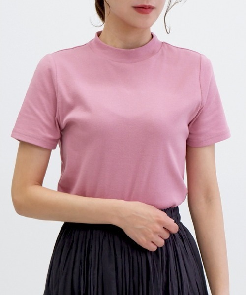 CLOTHY(クロシィ)の「【柔らかなコットン100%フライス素材♪】半袖プチハイTシャツ(Tシャツ/カットソー・レディース・ホワイト/ブラック/ネイビー/グレー/カーキ/ピンク/チャコールグレー/ラベンダー/ブルー/モカ/オフホワイト/グレイッシュベージュ・MEDIUM/LARGE)」の12枚目の写真