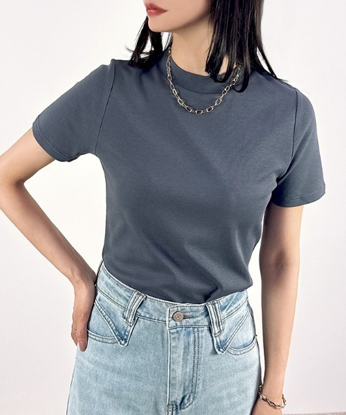 CLOTHY(クロシィ)の「【柔らかなコットン100%フライス素材♪】半袖プチハイTシャツ(Tシャツ/カットソー・レディース・ホワイト/ブラック/ネイビー/グレー/カーキ/ピンク/チャコールグレー/ラベンダー/ブルー/モカ/オフホワイト/グレイッシュベージュ・MEDIUM/LARGE)」の1枚目の写真