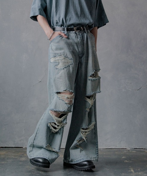 セール】ワイドダメージデニムパンツ(HARE)（デニムパンツ