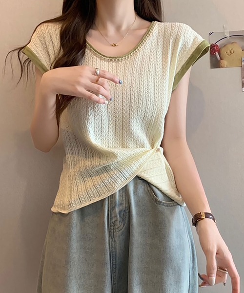 Asterellivi(アステレリビ)の「ニットTシャツ フレンチスリーブ(ニット/セーター・レディース・ブラック系その他/ブラック/ホワイト/ピンク/ベージュ・FREE)」の2枚目の写真