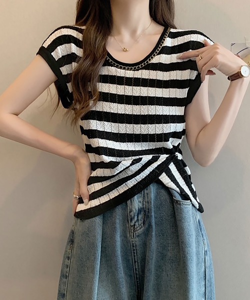 Asterellivi(アステレリビ)の「ニットTシャツ フレンチスリーブ(ニット/セーター・レディース・ブラック系その他/ブラック/ホワイト/ピンク/ベージュ・FREE)」の4枚目の写真