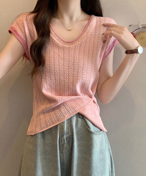 Asterellivi(アステレリビ)の「ニットTシャツ フレンチスリーブ(ニット/セーター・レディース・ブラック系その他/ブラック/ホワイト/ピンク/ベージュ・FREE)」の5枚目の写真