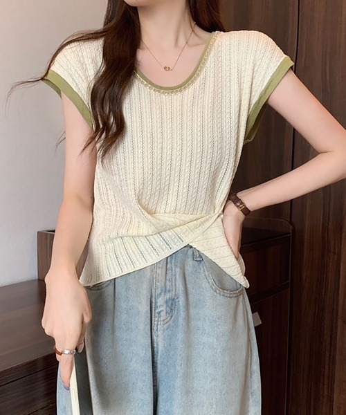 Asterellivi(アステレリビ)の「ニットTシャツ フレンチスリーブ(ニット/セーター・レディース・ブラック系その他/ブラック/ホワイト/ピンク/ベージュ・FREE)」の6枚目の写真