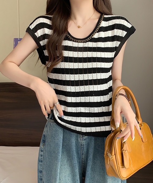 Asterellivi(アステレリビ)の「ニットTシャツ フレンチスリーブ(ニット/セーター・レディース・ブラック系その他/ブラック/ホワイト/ピンク/ベージュ・FREE)」の8枚目の写真