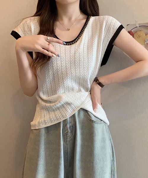 Asterellivi(アステレリビ)の「ニットTシャツ フレンチスリーブ(ニット/セーター・レディース・ブラック系その他/ブラック/ホワイト/ピンク/ベージュ・FREE)」の13枚目の写真