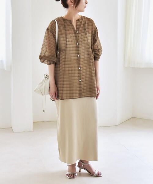 ブラウス シャツ quaranciel:「手洗い可能」シアー チェック ノーカラー ハーフスリーブ ブラウス レディース quaranciel:〈手洗い可能〉シアー チェック ノーカラー ハーフ