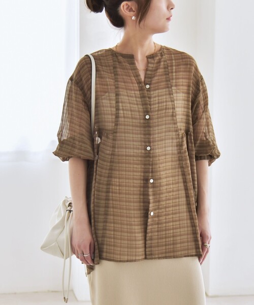 SHIPS for women / シップスウィメン quaranciel:〈手洗い可能〉シアー チェック ノーカラー ハーフスリーブ ブラウス quaranciel:〈手洗い可能〉シアー チェック ノーカラー ハーフ
