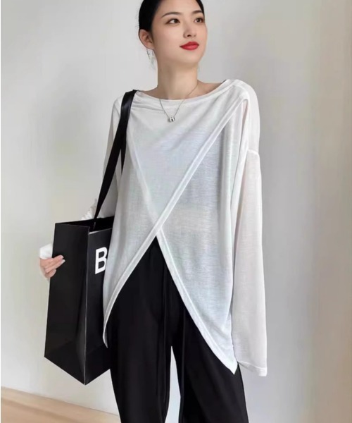 B'day（ビーデイ）の「【 B'day / ビーデー 】冷房対策 2wayトップス シースルー カットソー（Tシャツ/カットソー・レディース・ブラック/ホワイト・FREE）」の2枚目の写真
