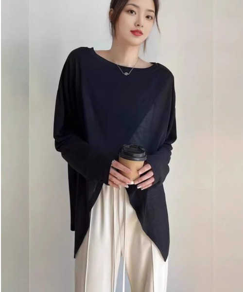 B'day（ビーデイ）の「【 B'day / ビーデー 】冷房対策 2wayトップス シースルー カットソー（Tシャツ/カットソー・レディース・ブラック/ホワイト・FREE）」の5枚目の写真