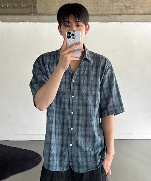 NOWLE(ノウル)の「【NOWLE】シアサッカー チェック 半袖 ボタン シャツ(シャツ/ブラウス・メンズ・ブルー/ダークグレー・MEDIUM/LARGE/X-LARGE)」の9枚目の写真