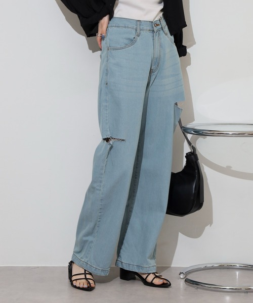 atONE(アットワン)の「デニムダメージストレートパンツ(デニムパンツ・レディース・ブルー/ネイビー/ライトブルー・L/LL/M)」の2枚目の写真