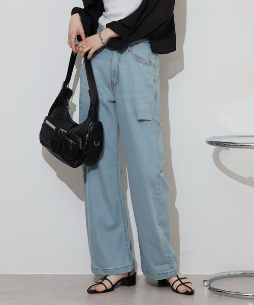 atONE(アットワン)の「デニムダメージストレートパンツ(デニムパンツ・レディース・ブルー/ネイビー/ライトブルー・L/LL/M)」の7枚目の写真