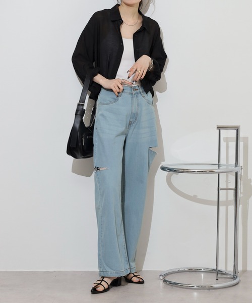 atONE(アットワン)の「デニムダメージストレートパンツ(デニムパンツ・レディース・ブルー/ネイビー/ライトブルー・L/LL/M)」の9枚目の写真