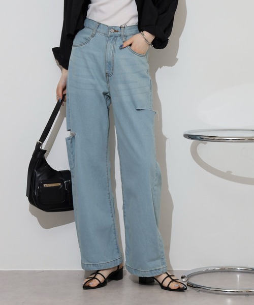atONE(アットワン)の「デニムダメージストレートパンツ(デニムパンツ・レディース・ブルー/ネイビー/ライトブルー・L/LL/M)」の8枚目の写真