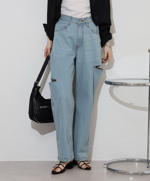 atONE(アットワン)の「デニムダメージストレートパンツ(デニムパンツ・レディース・ブルー/ネイビー/ライトブルー・L/LL/M)」の5枚目の写真