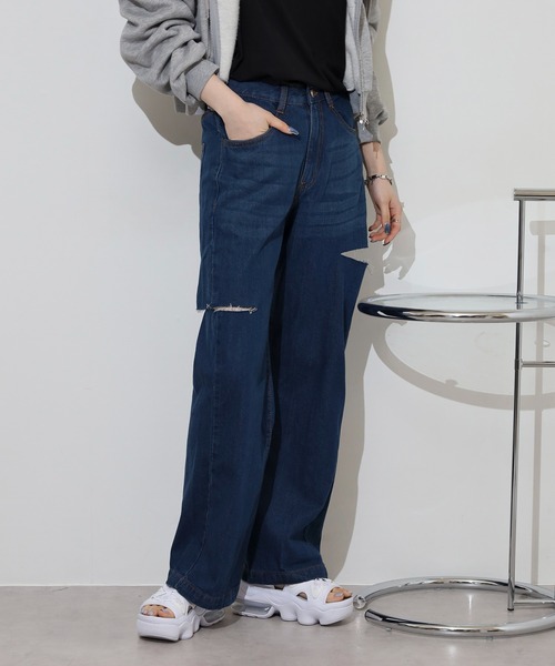 atONE(アットワン)の「デニムダメージストレートパンツ(デニムパンツ・レディース・ブルー/ネイビー/ライトブルー・L/LL/M)」の14枚目の写真