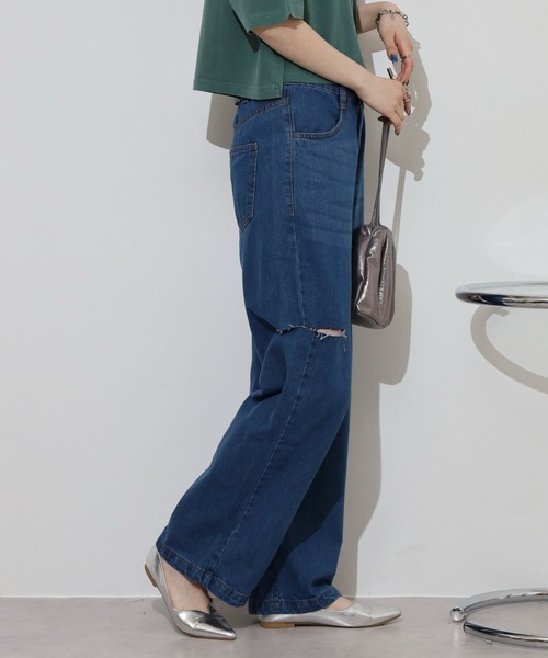 atONE(アットワン)の「デニムダメージストレートパンツ(デニムパンツ・レディース・ブルー/ネイビー/ライトブルー・L/LL/M)」の20枚目の写真