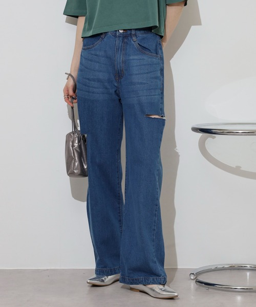 atONE(アットワン)の「デニムダメージストレートパンツ(デニムパンツ・レディース・ブルー/ネイビー/ライトブルー・L/LL/M)」の17枚目の写真