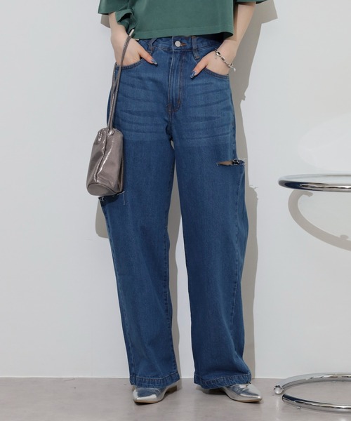 atONE(アットワン)の「デニムダメージストレートパンツ(デニムパンツ・レディース・ブルー/ネイビー/ライトブルー・L/LL/M)」の19枚目の写真