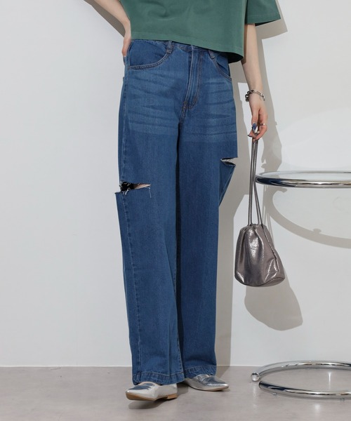 atONE(アットワン)の「デニムダメージストレートパンツ(デニムパンツ・レディース・ブルー/ネイビー/ライトブルー・L/LL/M)」の22枚目の写真