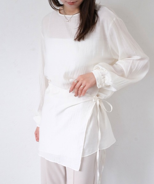 ブラウス シャツ ウエストマークブラウス/waist mark blouse　アイボリー　ブラック　カジュアル　フェミニン　レイヤード風　デザイントッ セール】ウエストマークブラウス/waist mark blouse アイボリー