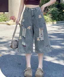 くま刺しゅうダメージ加工デニムパンツ