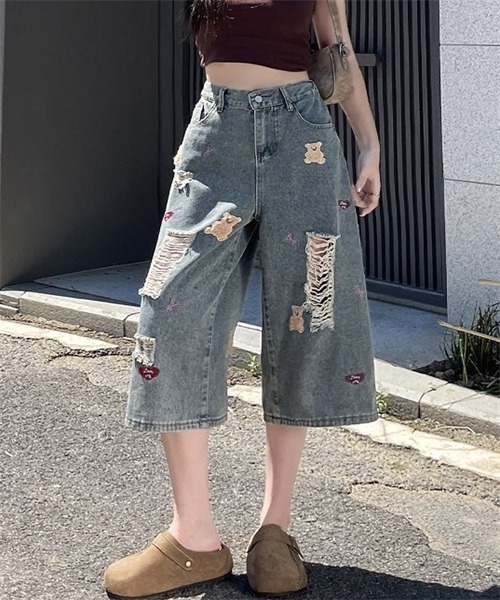 Dream garden（ドリームガーデン）の「くま刺しゅうダメージ加工デニムパンツ（デニムパンツ・レディース・ブルー・4XL/3XL/S/M/L/XL/2XL/5XL）」の9枚目の写真