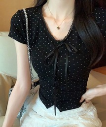 SPIGA | Vネックリボンレースアップ水玉Tシャツ(Tシャツ/カットソー)