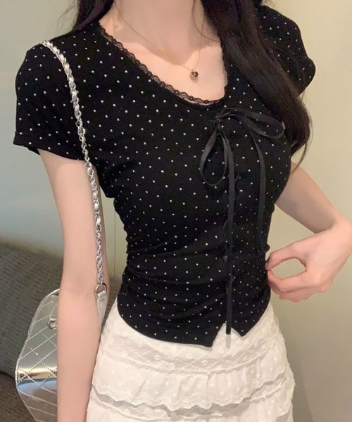 SPIGA（スピーガ）の「Vﾈｯｸﾘﾎﾞﾝﾚｰｽｱｯﾌﾟ水玉Tｼｬﾂ（Tシャツ/カットソー・レディース・ブラック・X-LARGE/LARGE/MEDIUM/SMALL）」の5枚目の写真