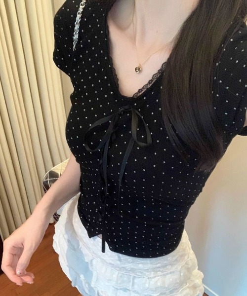 SPIGA（スピーガ）の「Vﾈｯｸﾘﾎﾞﾝﾚｰｽｱｯﾌﾟ水玉Tｼｬﾂ（Tシャツ/カットソー・レディース・ブラック・X-LARGE/LARGE/MEDIUM/SMALL）」の6枚目の写真
