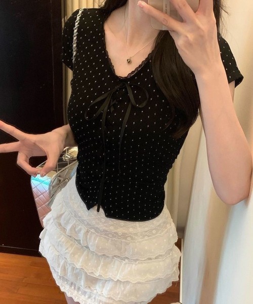 SPIGA（スピーガ）の「Vﾈｯｸﾘﾎﾞﾝﾚｰｽｱｯﾌﾟ水玉Tｼｬﾂ（Tシャツ/カットソー・レディース・ブラック・X-LARGE/LARGE/MEDIUM/SMALL）」の7枚目の写真