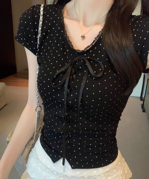 SPIGA（スピーガ）の「Vﾈｯｸﾘﾎﾞﾝﾚｰｽｱｯﾌﾟ水玉Tｼｬﾂ（Tシャツ/カットソー・レディース・ブラック・X-LARGE/LARGE/MEDIUM/SMALL）」の8枚目の写真