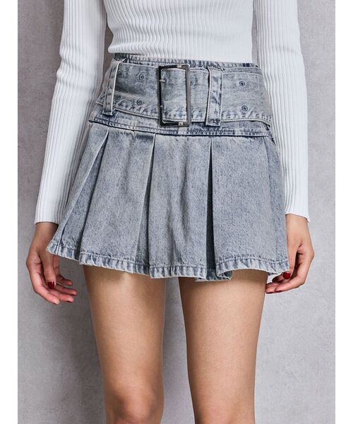 GYDA（ジェイダ）の「ハイウエストWIDE BELTプリーツデニムスカートライクショートパンツ（デニムスカート・レディース・ライトブルー/インディゴブルー/その他1・SMALL/MEDIUM）」の12枚目の写真