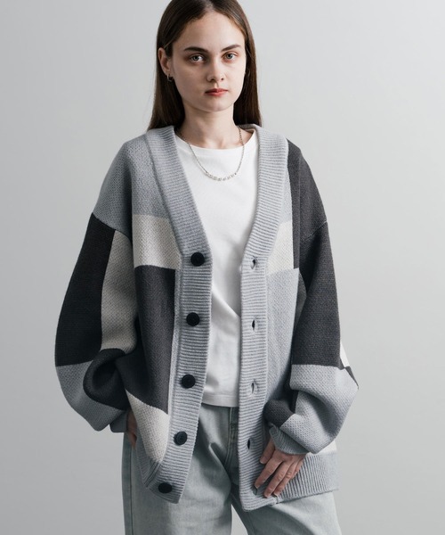 セール】オーバーサイズ 7G総柄Vネックニットカーディガン