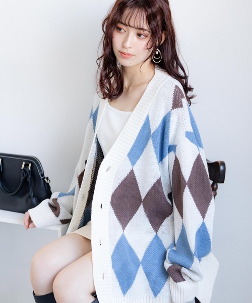 セール】オーバーサイズ 7G総柄Vネックニットカーディガン アーガイル