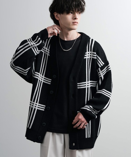 セール】オーバーサイズ 7G総柄Vネックニットカーディガン アーガイル