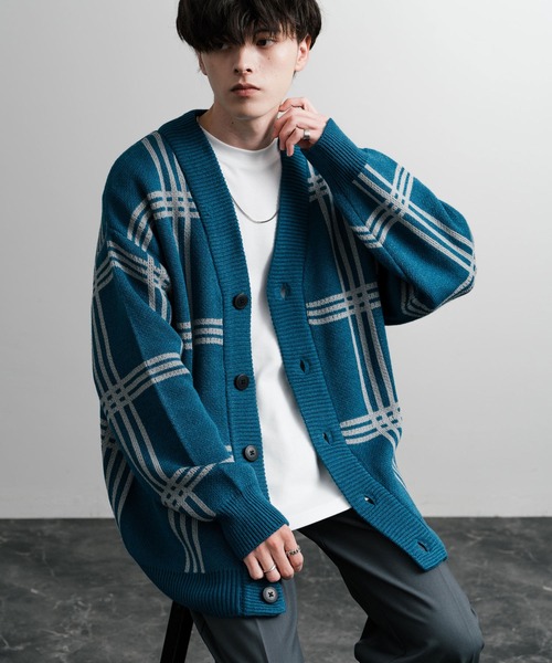 セール】オーバーサイズ 7G総柄Vネックニットカーディガン アーガイル