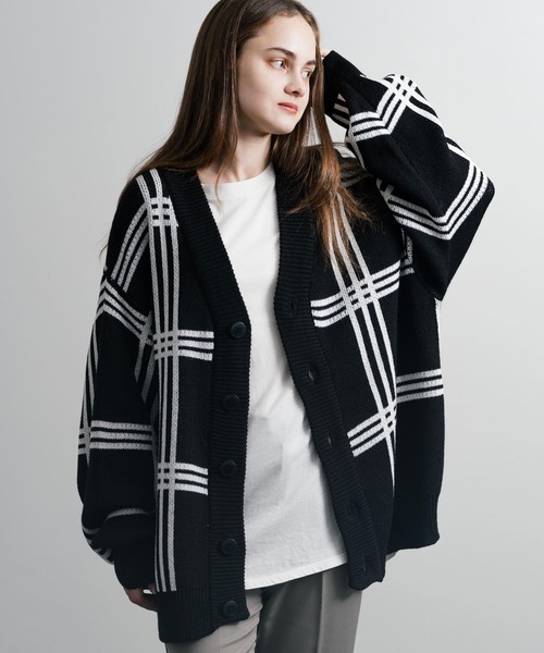 monkey time アーガイル柄ニットカーディガン グレー セール】オーバーサイズ 7G総柄Vネックニットカーディガン