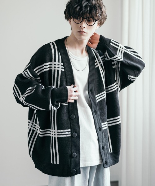 セール】オーバーサイズ 7G総柄Vネックニットカーディガン アーガイル