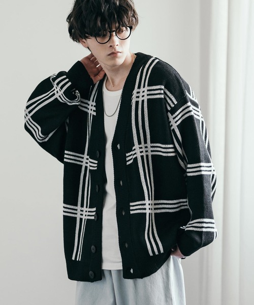 セール】オーバーサイズ 7G総柄Vネックニットカーディガン アーガイル
