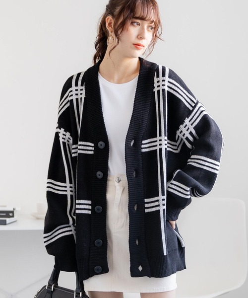 セール】オーバーサイズ 7G総柄Vネックニットカーディガン アーガイル