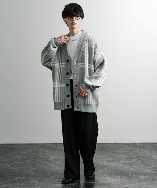 セール】オーバーサイズ 7G総柄Vネックニットカーディガン